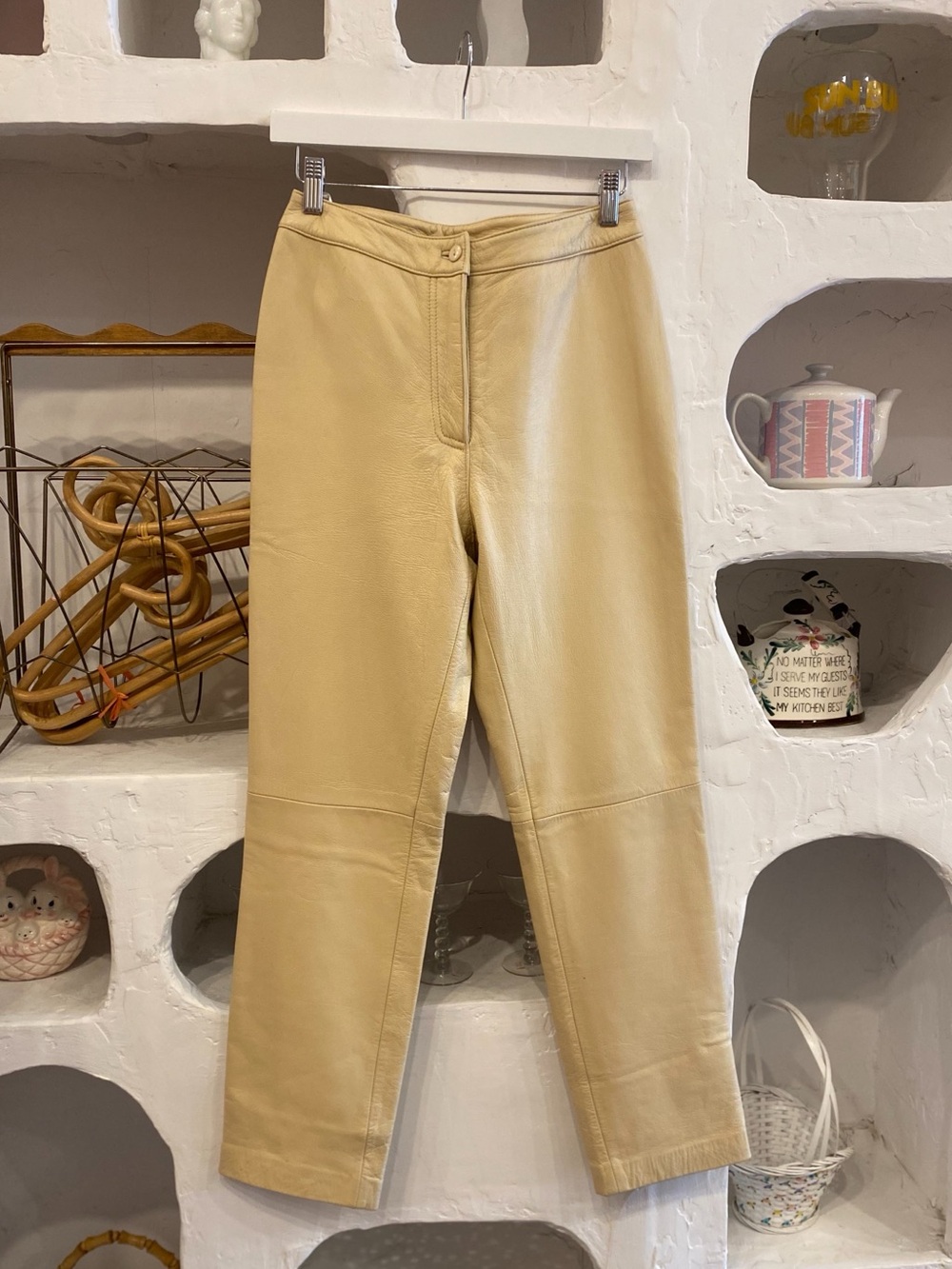 Women's Beige Real Leather Straight-Leg High Waisted Pants